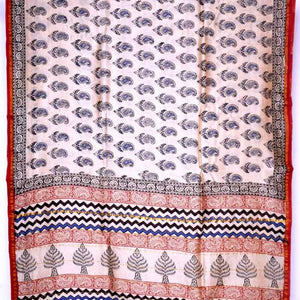 Cream Bagru Block Print Chanderi Silk Saree - SSEthnics