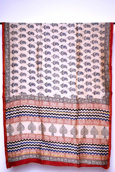 Cream Bagru Block Print Chanderi Silk Saree - SSEthnics