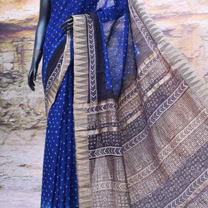 Blue-Black Ajrakh Bandhani Silk Cotton Saree - SSEthnics