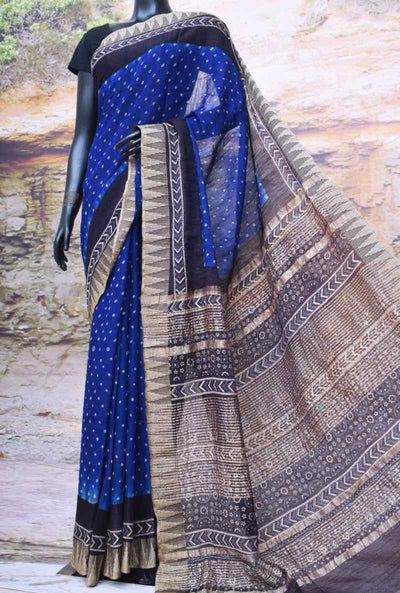 Blue-Black Ajrakh Bandhani Silk Cotton Saree - SSEthnics