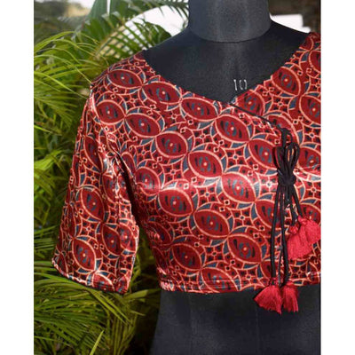 Madder Ajrakh Block Print Mashru Silk Blouse - SSEthnics