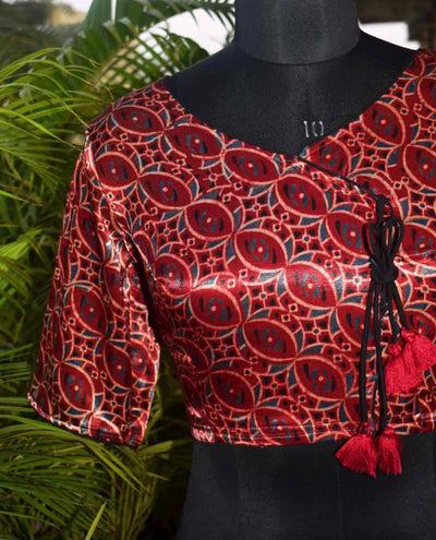 Madder Ajrakh Block Print Mashru Silk Blouse - SSEthnics