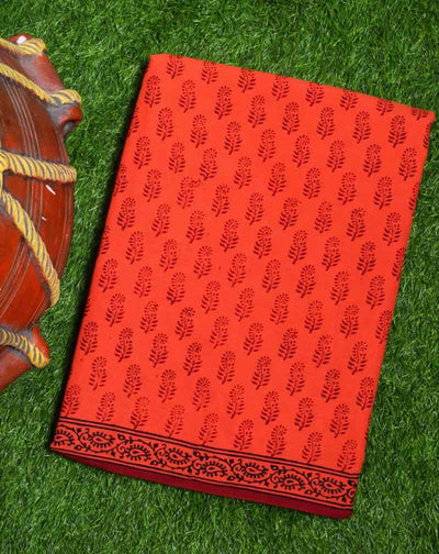 Orange Cotton Block Print Saree - SSEthnics