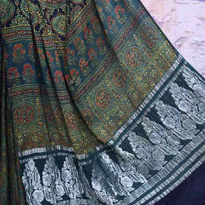 Green Ajrakh Modal Silk Saree with Banarasi Pallu - SSEthnics