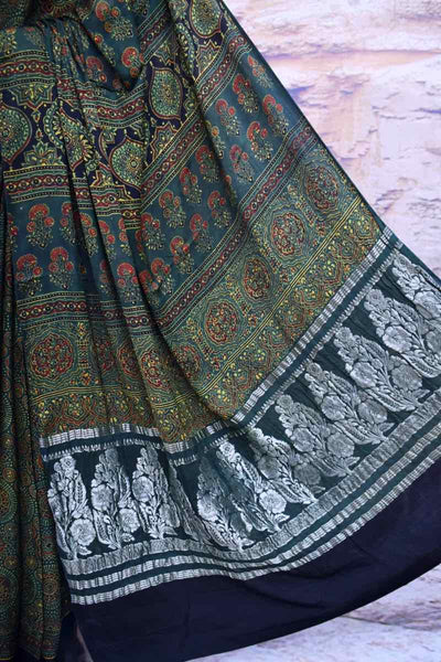 Green Ajrakh Modal Silk Saree with Banarasi Pallu - SSEthnics