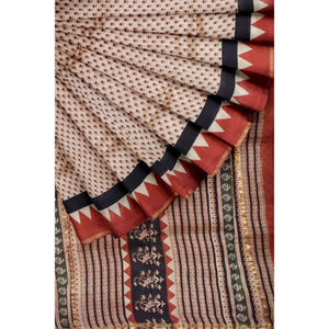 Beige Bagru Block Print Chanderi Silk Saree - SSEthnics