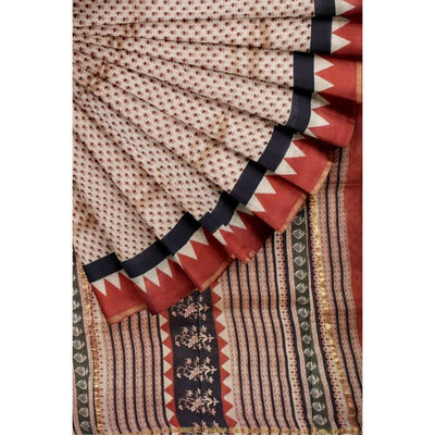 Beige Bagru Block Print Chanderi Silk Saree - SSEthnics