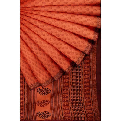 Orange Cotton Block Print Saree - SSEthnics
