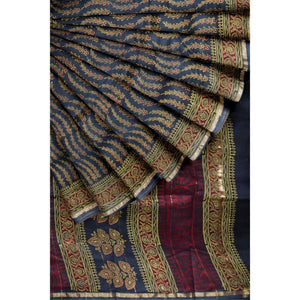 Dark Green Bagru Block Print Chanderi Silk Saree - SSEthnics