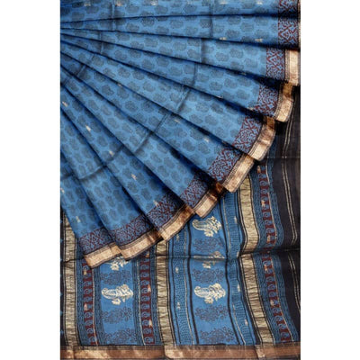 Blue Bagh Handloom Maheshwari Silk Saree with Zari Booti - SSEthnics