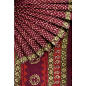 Red Bagru Cotton Block Print Saree - SSEthnics