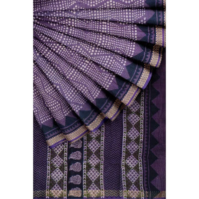 Purple Bagru Cotton Block Print Saree with Zari - SSEthnics