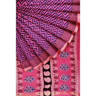 Pink Bagru Cotton Block Print Saree with Zari - SSEthnics
