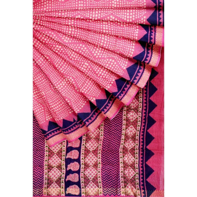 Pink Bagru Cotton Block Print Saree with Zari - SSEthnics