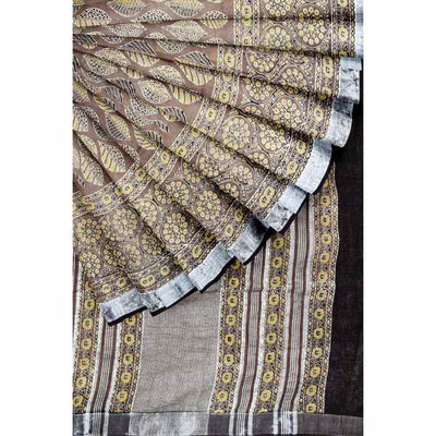 Chikoo Ajrakh Block Print Linen Saree - SSEthnics