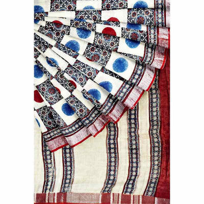 Cream Ajrakh Block Print Linen Saree - SSEthnics