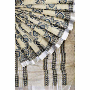 Pale Yellow Ajrakh Block Print Linen Saree - SSEthnics