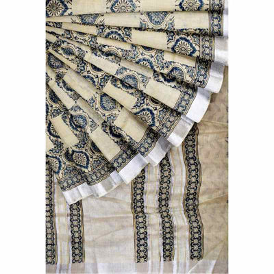 Pale Yellow Ajrakh Block Print Linen Saree - SSEthnics