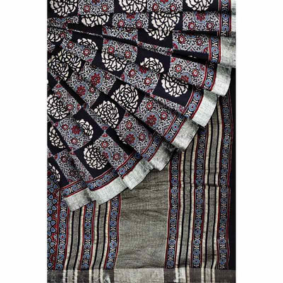 Black Ajrakh Block Print Linen Saree - SSEthnics