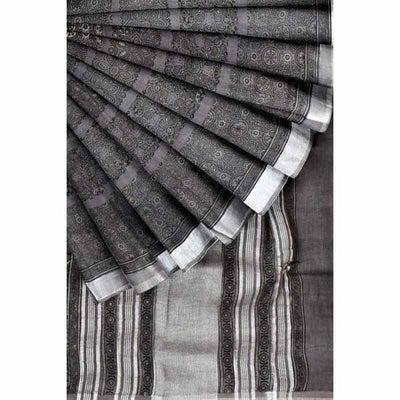 Grey Ajrakh Block Print Linen Saree - SSEthnics