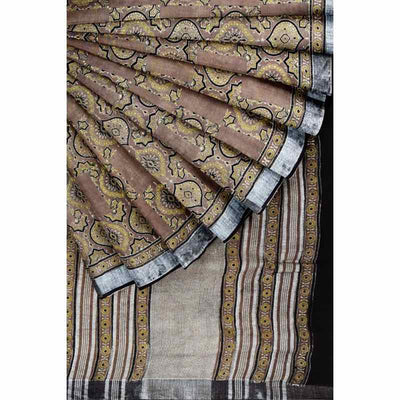 Chikoo Ajrakh Block Print Linen Saree - SSEthnics