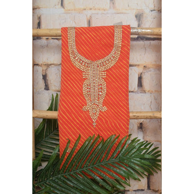Orange Georgette Viscose Leheriya Kundan-Gota Kurti Fabric