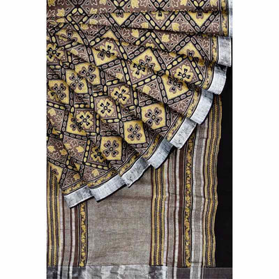 Chikoo Ajrakh Block Print Linen Saree - SSEthnics
