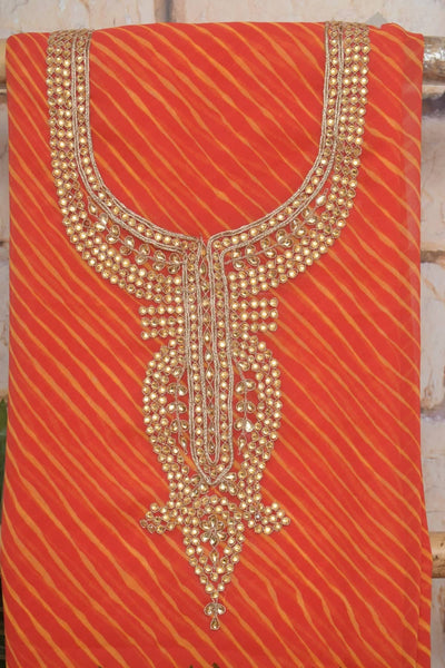 Orange Georgette Viscose Leheriya Kundan-Gota Kurti Fabric