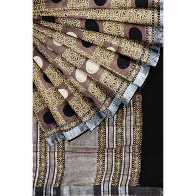 Chikoo Ajrakh Block Print Linen Saree - SSEthnics