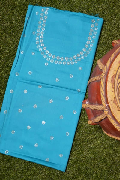 Blue Glazed Cotton Gold Block Print Kurti Fabric