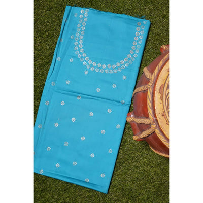 Blue Glazed Cotton Gold Block Print Kurti Fabric