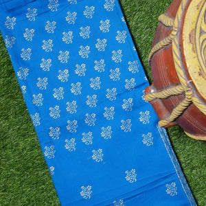 Blue Glazed Cotton Gold Block Print Kurti Fabric
