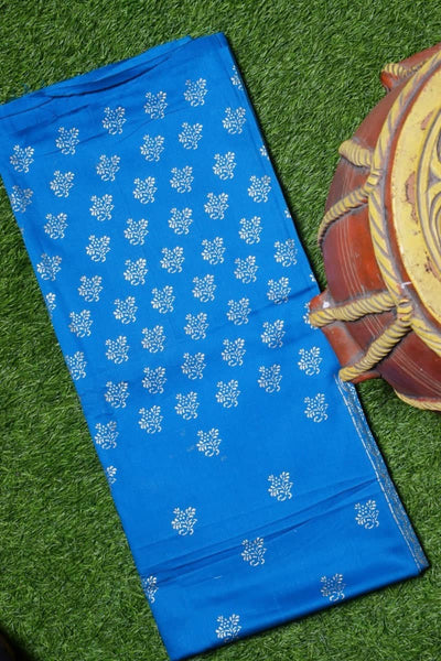 Blue Glazed Cotton Gold Block Print Kurti Fabric