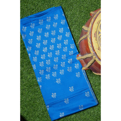 Blue Glazed Cotton Gold Block Print Kurti Fabric