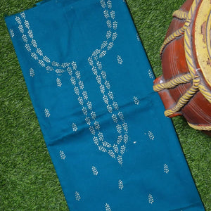 Teal Glazed Cotton Gold Block Print Kurti Fabric