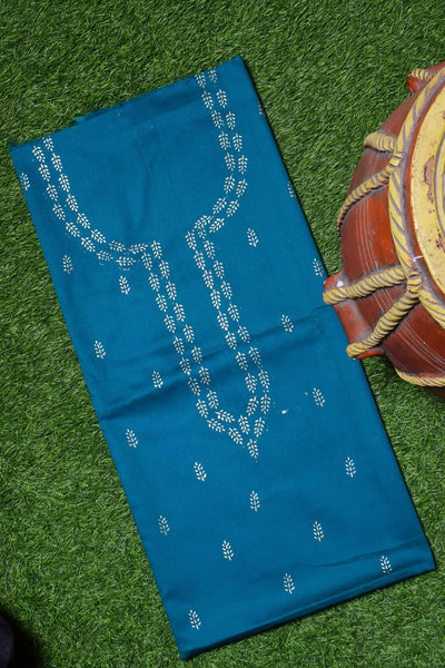 Teal Glazed Cotton Gold Block Print Kurti Fabric