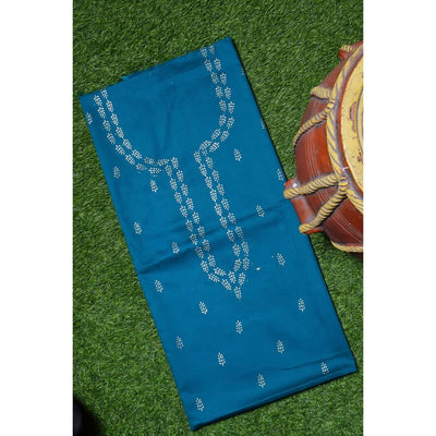 Teal Glazed Cotton Gold Block Print Kurti Fabric