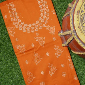 Orange Glazed Cotton Gold Block Print Kurti Fabric