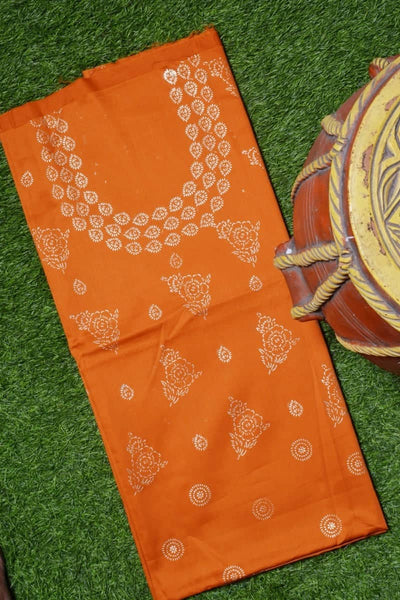 Orange Glazed Cotton Gold Block Print Kurti Fabric
