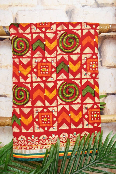 Red Batik Cotton Suit with Chiffon Dupatta