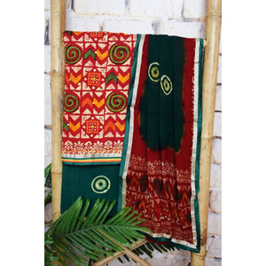 Red Batik Cotton Suit with Chiffon Dupatta