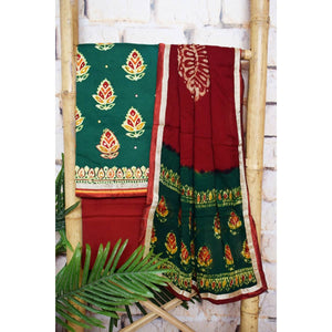 Green Batik Cotton Suit with Chiffon Dupatta