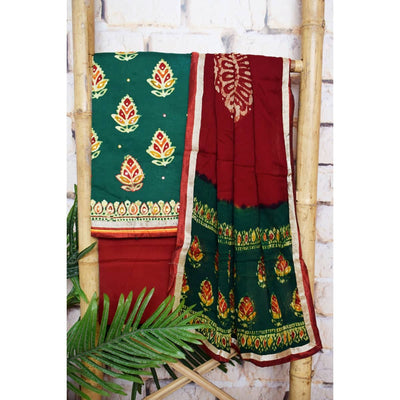 Green Batik Cotton Suit with Chiffon Dupatta