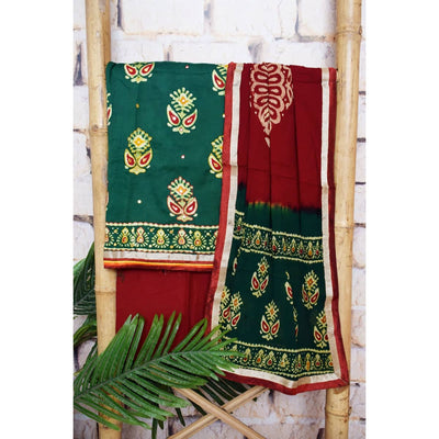 Green Batik Cotton Suit with Chiffon Dupatta