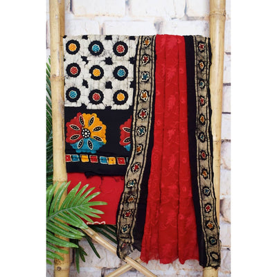 Black Batik Cotton Suit with Chiffon Dupatta