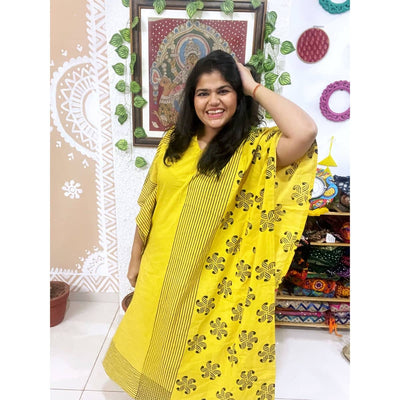 Yellow Ajrakh Block Print Designer Cotton Kaftan