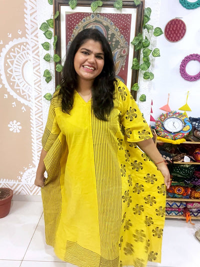 Yellow Ajrakh Block Print Designer Cotton Kaftan