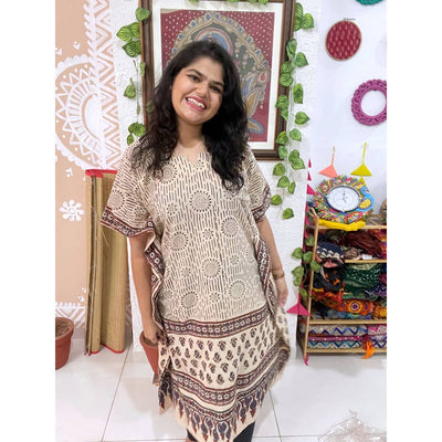 Cream Ajrakh Block Print Designer Cotton Kaftan