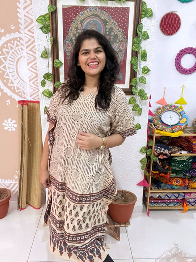 Cream Ajrakh Block Print Designer Cotton Kaftan
