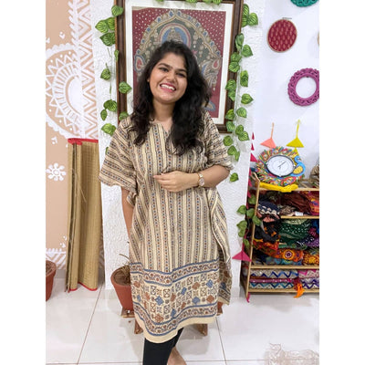 Cream Ajrakh Block Print Designer Cotton Kaftan
